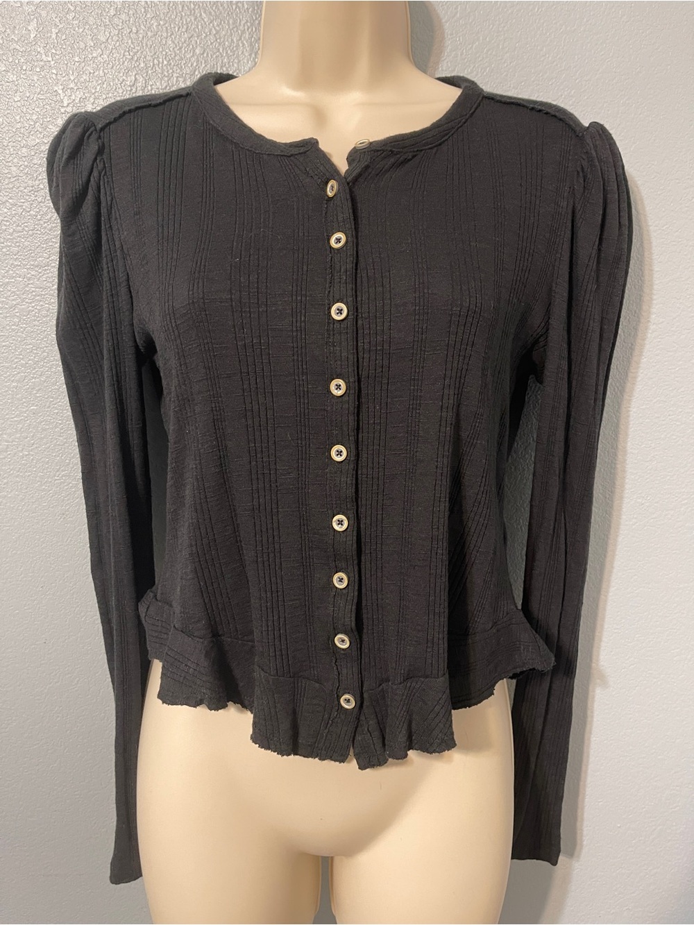 Pilcro Anthropologie Black Textured Peplum Cardigan Top Ribbed Dark Academia XS